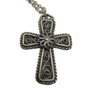 Havstad Tinn Pewter Cross Pendant Necklace Pectoral Crucifix Filigree Vtg Norway